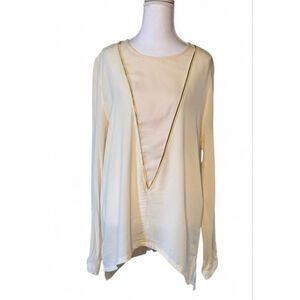 Sophie Rue Cream Long Sleeve Blouse Gold Trim V-Neck Top XL